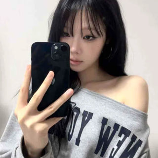 Loose Fit Lettering Graphic One-Shoulder Sweatshirt