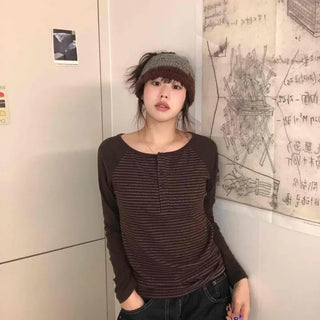 Striped Henley Neck Slim Long Sleeve Tee