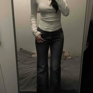 Deep U-Neck Simple Button Slim Long Sleeve T-Shirt