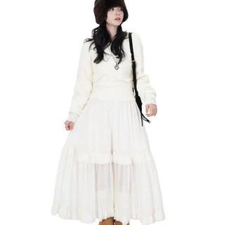Whitey Chiffon Frill Fleece-lined Long Skirt Tier Ruffle Fleece-lined Long Skirt A-line Flare Maxi Skirt