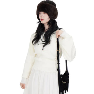 Modun Boat Neck Crop Long Sleeve Knit Lip Neck One Shoulder One-Off Off-Shoulder Loose Fit Long Sleeve Tee