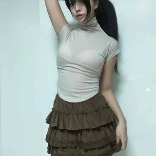 Shirred Neck Slim Fit Crop Short Sleeve Tee
