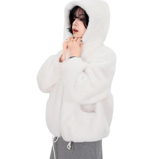 Fluffy Mink Fur Hooded Short Jacket Eco-fur Jacket String Oversized Jumper Year-End Look Winter