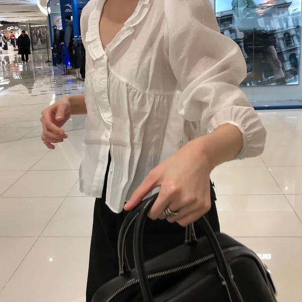 Plum Women's Frill V-Neck Loose Fit Shirred Ruffle Blouse for Wedding Guest Look