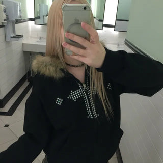 Cross Glitter Fur Hood Zip-Up
