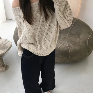 *Delicate Mood* Fleece Cable Knit Open Shoulder Knit
