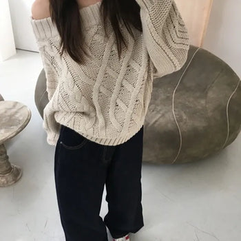 *Delicate Mood* Fleece Cable Knit Open Shoulder Knit