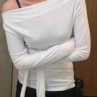 Boat Neck One-Shoulder Strap Slim Long Sleeve T-shirt