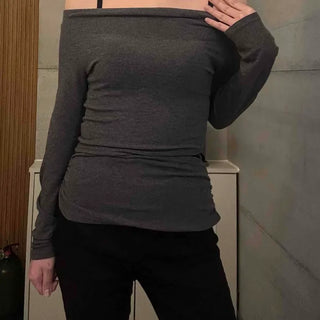 Shirred Layered Slim Off-Shoulder Cut-Out Long Sleeve T-Shirt