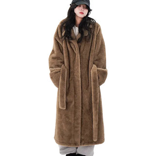 Tailored Mink Fur Belted Long Coat, Eco-fur Faux Fur Robe Coat, Winter End-of-Year Look, Warmth Item