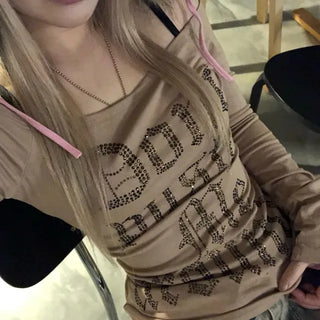 Beige Hotfix Off-Shoulder T-Shirt