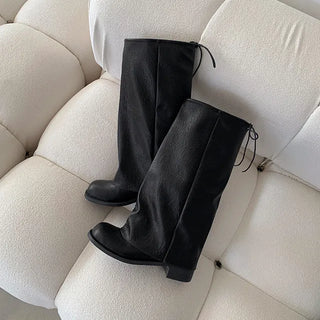 Warmer Boots Strap Wide Ribbon Vintage Black Wide-legged Four-season Shoes Long Boots