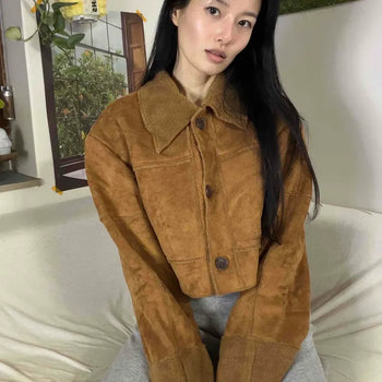 Shearling Collar Suede Button Crop Shearling Jacket