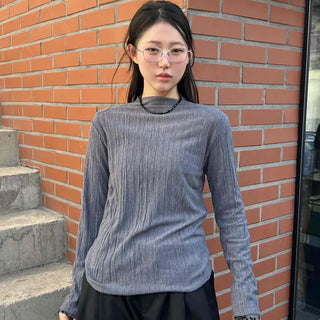 Sheer Crinkle Stitch Mock Turtleneck Elastic Waist Long Sleeve Tee