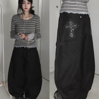 Beads Leopard Cotton Wide Long Pants