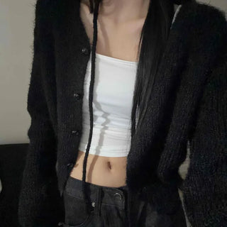 String Choker Basic V-Neck Button Cardigan
