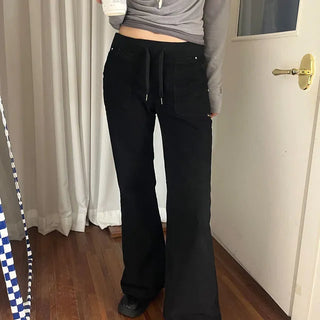 Black Elastic Waist Semi-Low Bootcut Pants 1 Color