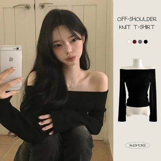 Feminine Mood, Off-Shoulder Peach Brushed Slim Fit Knit Long Sleeve T-shirt