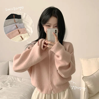 Lovely Mood, Soft Daily Wool Round Neck Avant Loose Fit Leather Label Sleeve Knit Cardigan