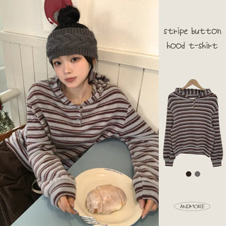 Soft, Brownie Color Block Striped Delicate Avant Loose Fit Hooded Button Fleece Long Sleeve T-shirt