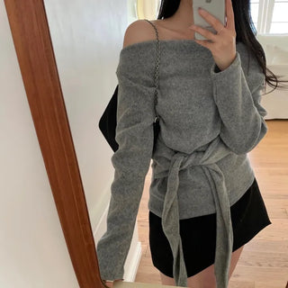 Bonder Brushed Drape Off-Shoulder Wrap Long Sleeve Tee