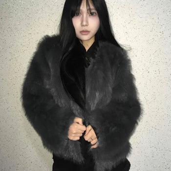 Dark Fluffy Faux Fur Short Jacket