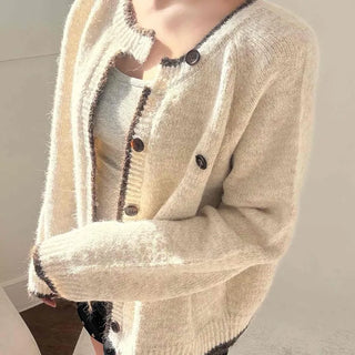 Color Block Knit Button Round Neck Cardigan
