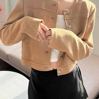 Suede Collarless Pocket Button Crop Jacket
