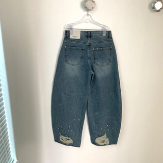Piku Studded Damaged Medium Blue Denim Balloon Wide Pants