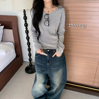 [Loose Fit!/Delicate~] Basic Round Neck Plain Cotton Long Sleeve Tee for Spring/Summer