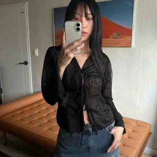 See-through Slim Fit String Crop Shirt