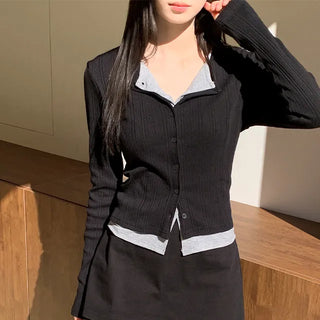 Lunette Contrast Layered Ribbed Cardigan