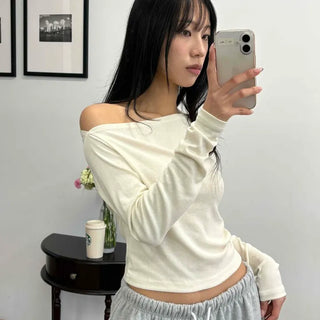 Soft Off-Shoulder Boat Neck Crop Long Sleeve Tee