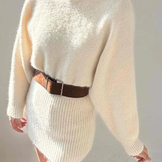 Fluffy fur round neck belted knit dress