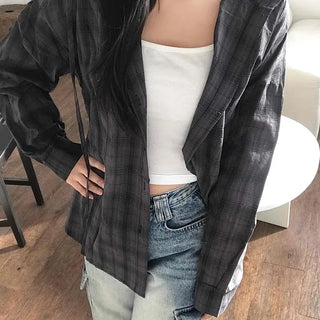 Big Size Window Check Hoodie Oversized Shirt