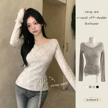 Full of innocent charm, Ribbed Deep V-Neck One-Off Shoulder Cinched Waist Slim and Delicate Fit Strap Ribbon Long Sleeve Knit