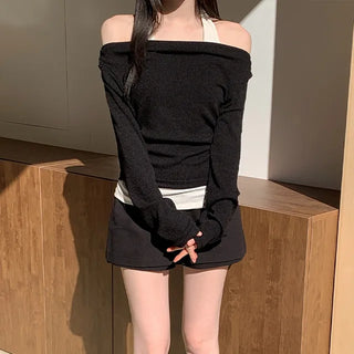 Lindis Halter Layered Shirred Off-shoulder Ribbed Long Sleeve Tee