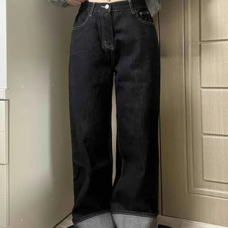 Washed Loose Fit Rolled-up Wide Denim Pants