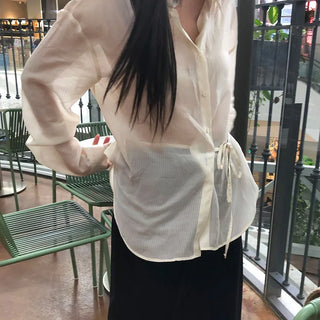 Chico Women's Spring Long Sleeve Inner Wrap Loose Fit Oversized Tencel String Shirt Blouse