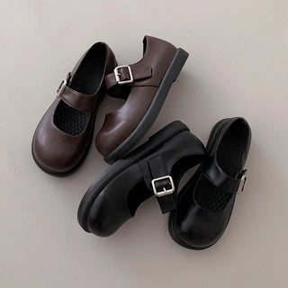 Mary Jane Loafers Buckle Strap Round Toe Flats Velcro Basic Four-Season Wedding Guest Look Shoes