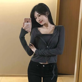 Shirred Top Layered Crop Long Sleeve Cardigan Set