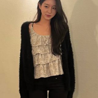 Angora knit loose-fit V-neck cardigan
