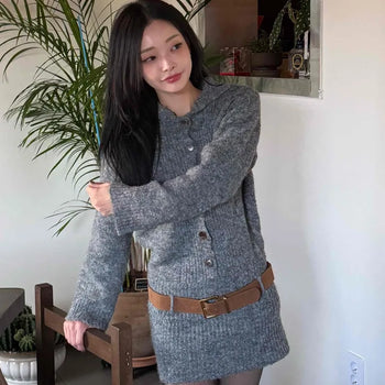 Vintage Button Hooded Cardigan Knit Mini Dress Belt Set