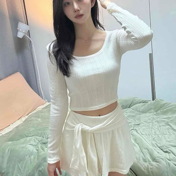 Slim Fit Cropped Long Sleeve Knit Flare Wrap Skirt Set