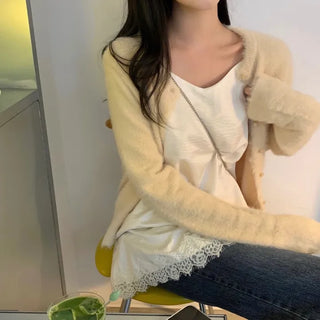 Birned Hairy Fur Round Neck Knit Cardigan