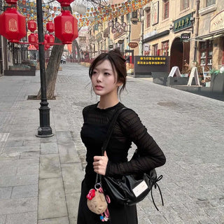 See-through Mesh Layered Slim Fit Long Sleeve T-shirt