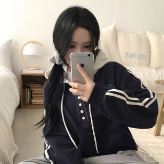 Guaranteed Cuteness, Contrast Button Double-Line Track Raglan Avant-garde Boxy Oversized Hoodie