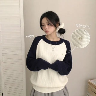 Lovely Mood, Waffle Color Block Raglan Round Neck Pendant Avant-garde Loose Fit Long Sleeve Knit