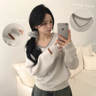 Guaranteed Beauty, Double-Layered Wool V-Neck Leather Patch on Sleeves Avant-garde Loose Fit Long Sleeve Knit