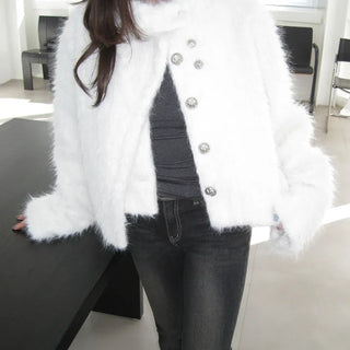 High-neck double white short fur coat
